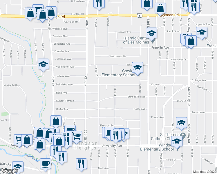 map of restaurants, bars, coffee shops, grocery stores, and more near 6616 Del Matro Avenue in Windsor Heights