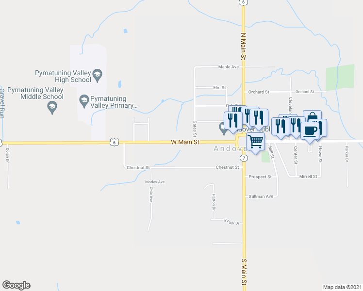 map of restaurants, bars, coffee shops, grocery stores, and more near 231 West Main Street in Andover
