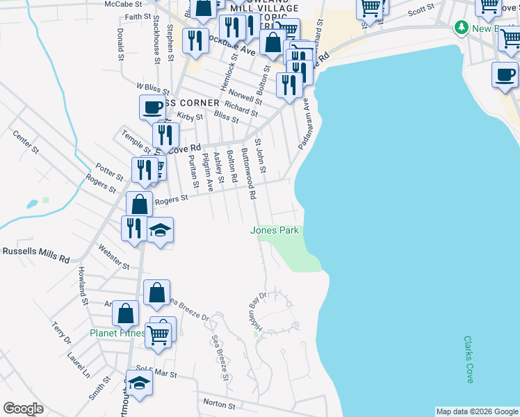 map of restaurants, bars, coffee shops, grocery stores, and more near 52 Buttonwood Rd in Dartmouth