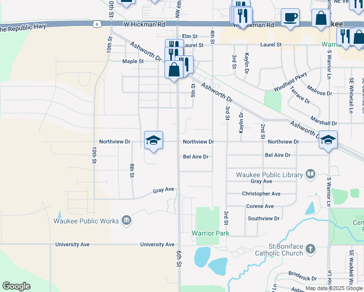 map of restaurants, bars, coffee shops, grocery stores, and more near 500 Northview Drive in Waukee