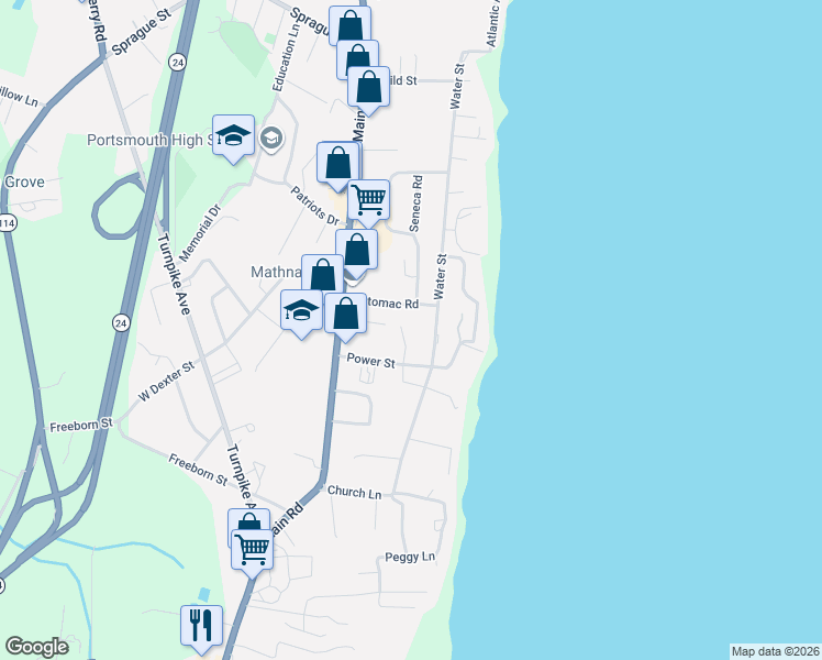 map of restaurants, bars, coffee shops, grocery stores, and more near 33 Faulkner Circle in Portsmouth