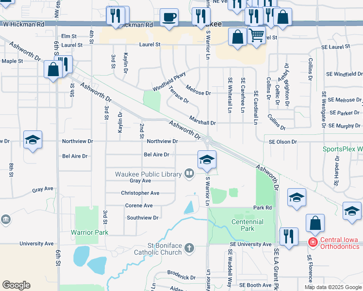 map of restaurants, bars, coffee shops, grocery stores, and more near 80 Northview Dr in Waukee