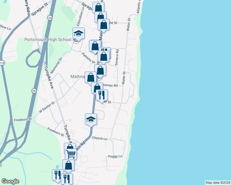 map of restaurants, bars, coffee shops, grocery stores, and more near 33 Faulkner Circle in Portsmouth