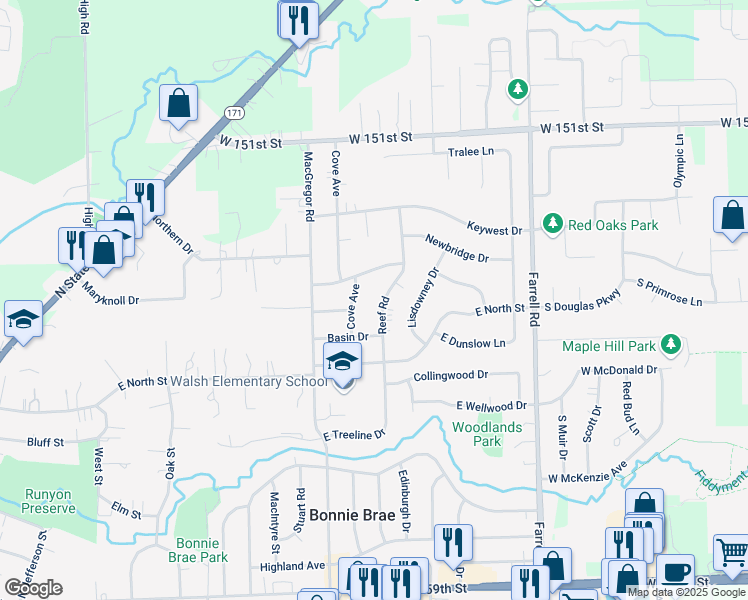 map of restaurants, bars, coffee shops, grocery stores, and more near 711 Reef Road in Lockport