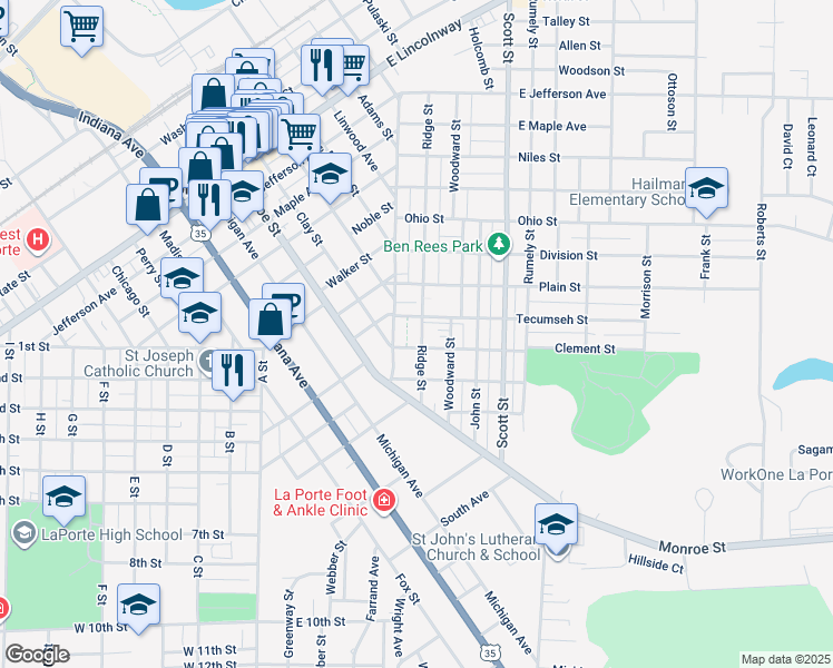 map of restaurants, bars, coffee shops, grocery stores, and more near 1110 Ridge Street in La Porte