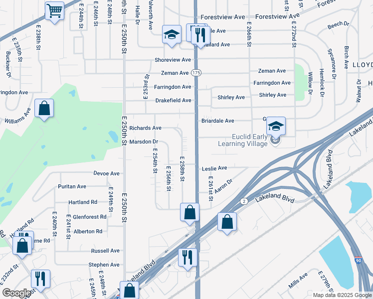 map of restaurants, bars, coffee shops, grocery stores, and more near 735 East 258th Street in Euclid
