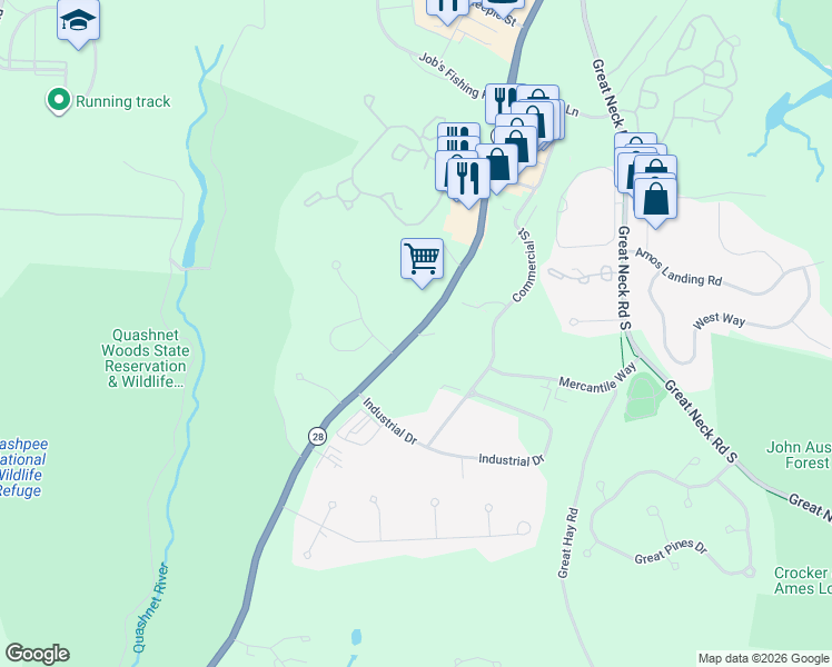 map of restaurants, bars, coffee shops, grocery stores, and more near 28 Cooper Street in Mashpee