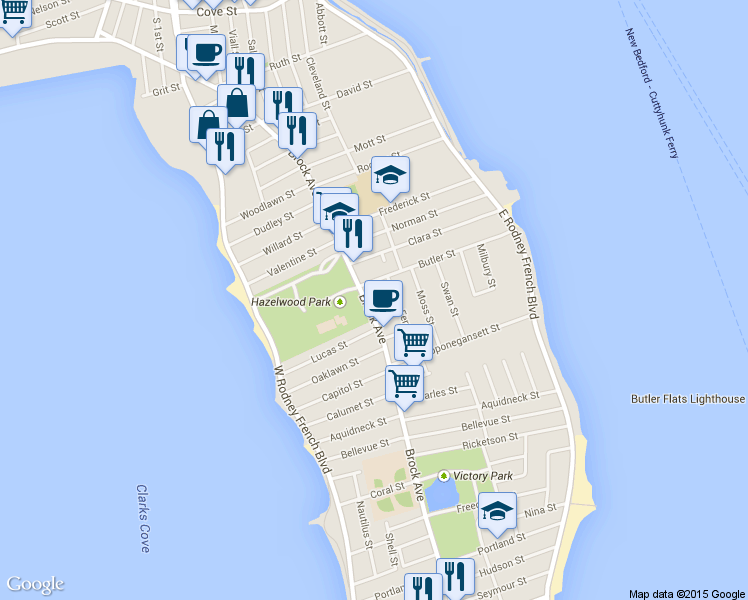 map of restaurants, bars, coffee shops, grocery stores, and more near 520 Brock Avenue in New Bedford