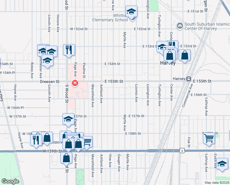 map of restaurants, bars, coffee shops, grocery stores, and more near 15531 Vine Avenue in Harvey