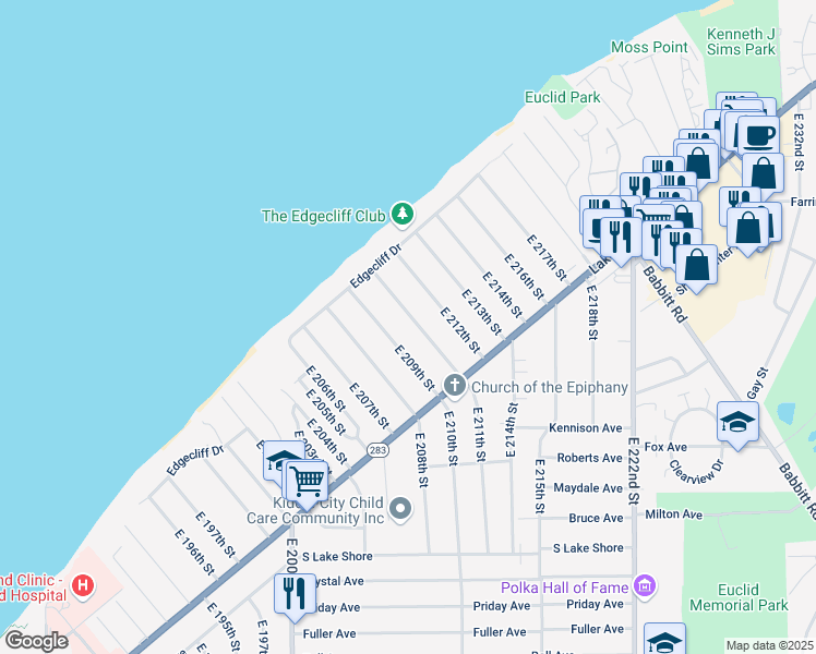 map of restaurants, bars, coffee shops, grocery stores, and more near 100 East 211th Street in Euclid