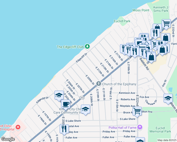 map of restaurants, bars, coffee shops, grocery stores, and more near 100 East 211th Street in Euclid