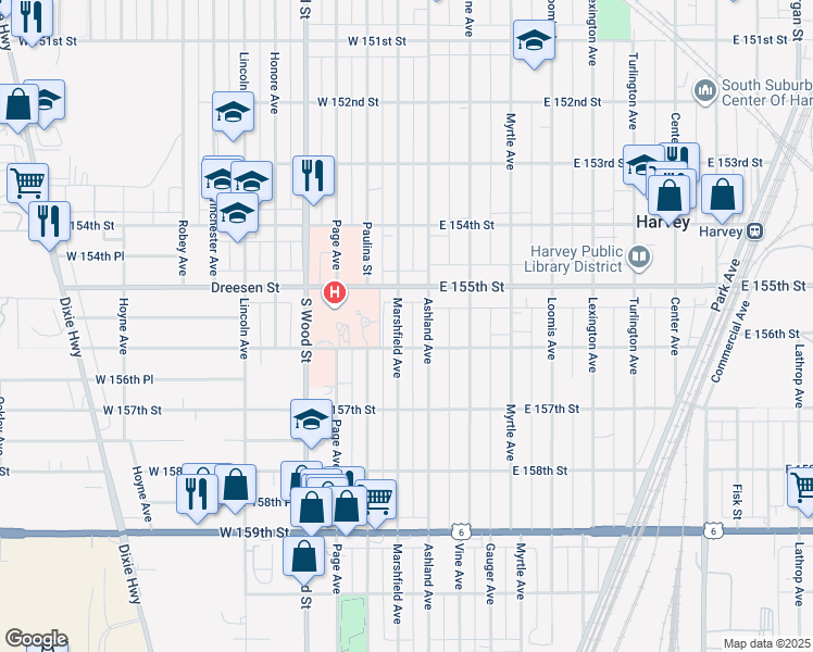 map of restaurants, bars, coffee shops, grocery stores, and more near 15529 Marshfield Avenue in Harvey