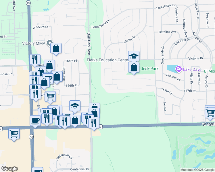 map of restaurants, bars, coffee shops, grocery stores, and more near 15700 Pine Court in Oak Forest