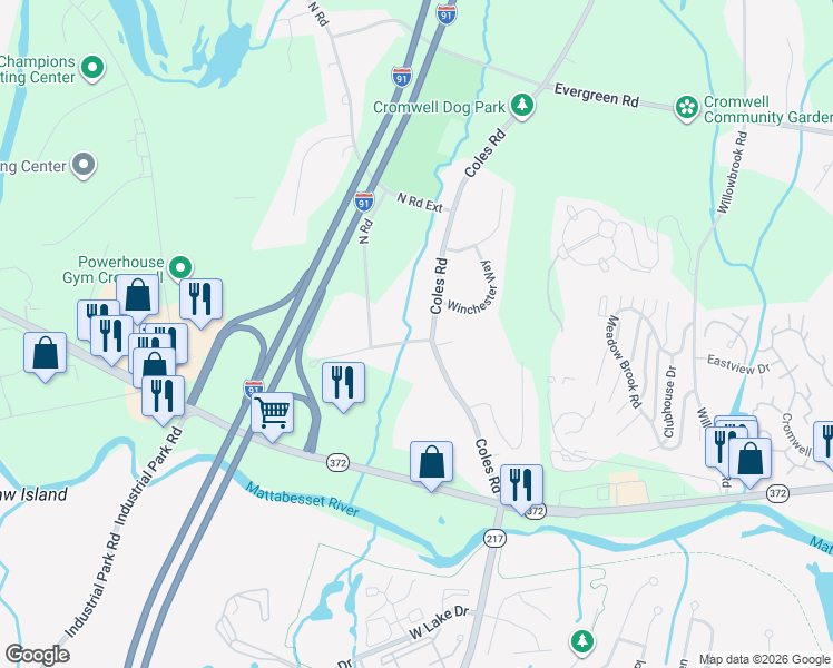 map of restaurants, bars, coffee shops, grocery stores, and more near 35 Coles Road in Cromwell