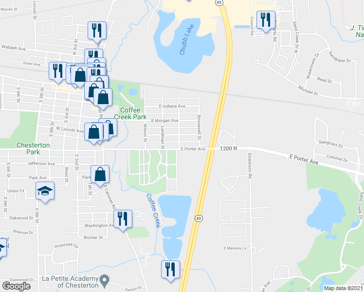map of restaurants, bars, coffee shops, grocery stores, and more near 501 East Porter Avenue in Chesterton