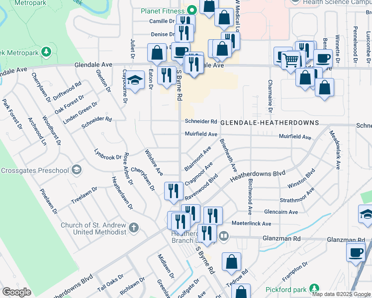 map of restaurants, bars, coffee shops, grocery stores, and more near 3450 Radisson Avenue in Toledo