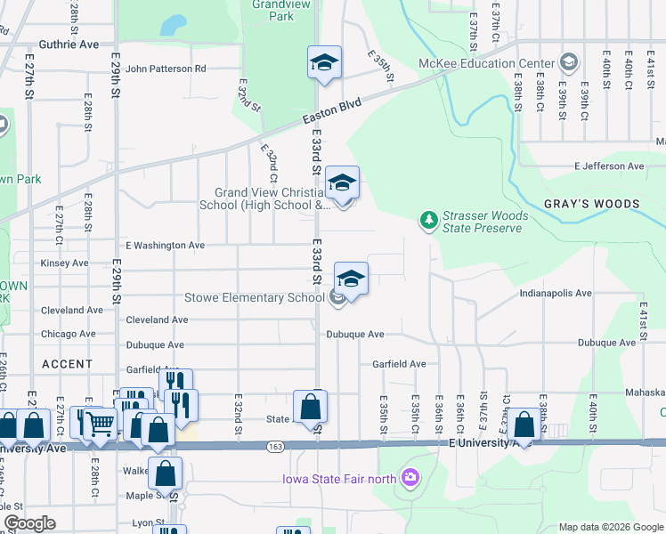 map of restaurants, bars, coffee shops, grocery stores, and more near 3312 Kinsey Avenue in Des Moines