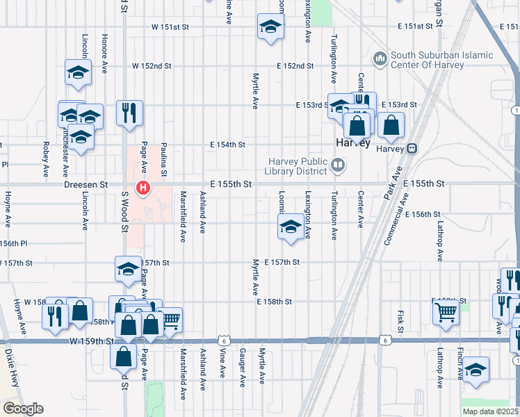 map of restaurants, bars, coffee shops, grocery stores, and more near 15527 Myrtle Avenue in Harvey