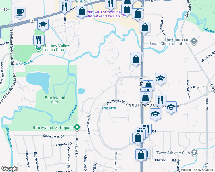 map of restaurants, bars, coffee shops, grocery stores, and more near 5904 Cresthaven Lane in Toledo