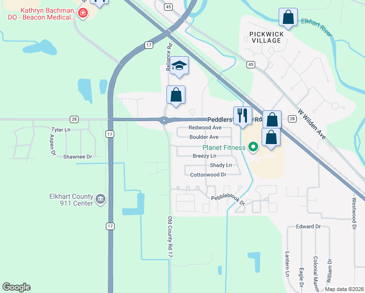 map of restaurants, bars, coffee shops, grocery stores, and more near 13 Brookside Manor in Goshen
