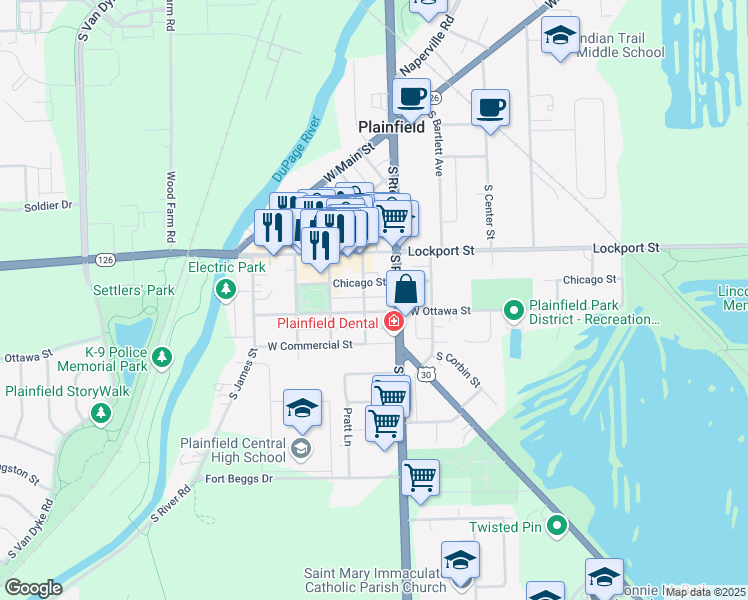 map of restaurants, bars, coffee shops, grocery stores, and more near 15129 South Illinois Street in Plainfield