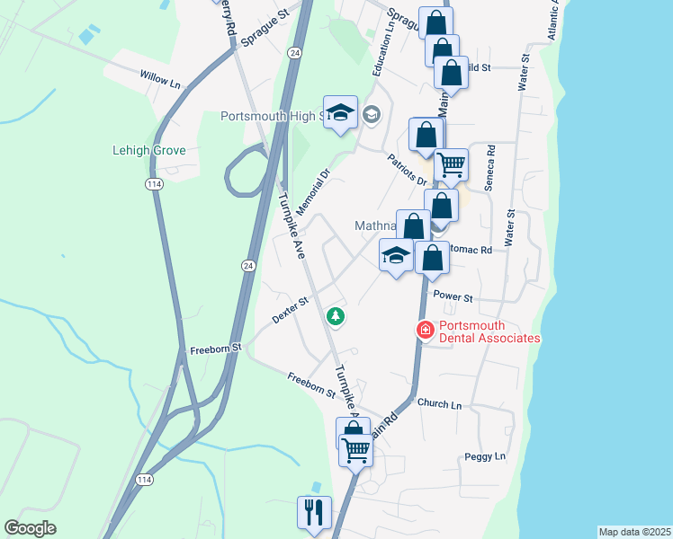 map of restaurants, bars, coffee shops, grocery stores, and more near 161 Dexter Street in Portsmouth