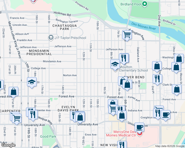 map of restaurants, bars, coffee shops, grocery stores, and more near 1531 11th Street in Des Moines