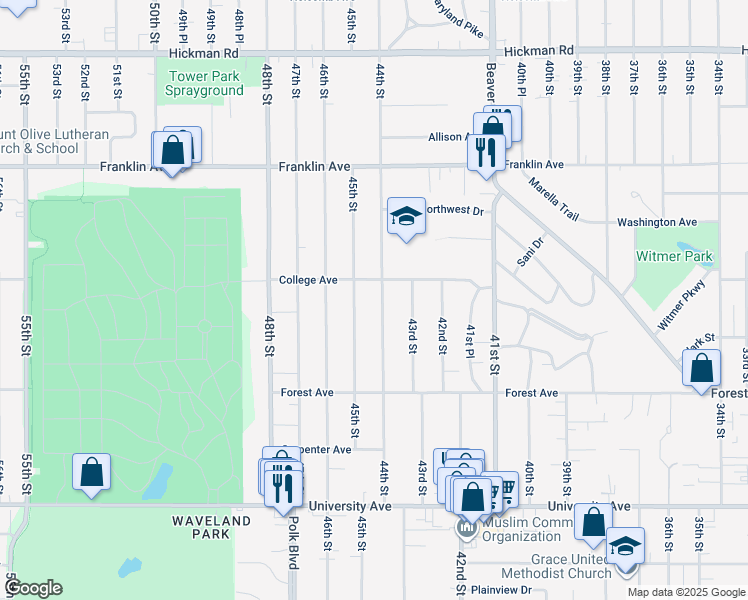map of restaurants, bars, coffee shops, grocery stores, and more near 1534 44th Street in Des Moines