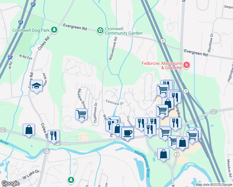 map of restaurants, bars, coffee shops, grocery stores, and more near 10 Margo Court in Cromwell