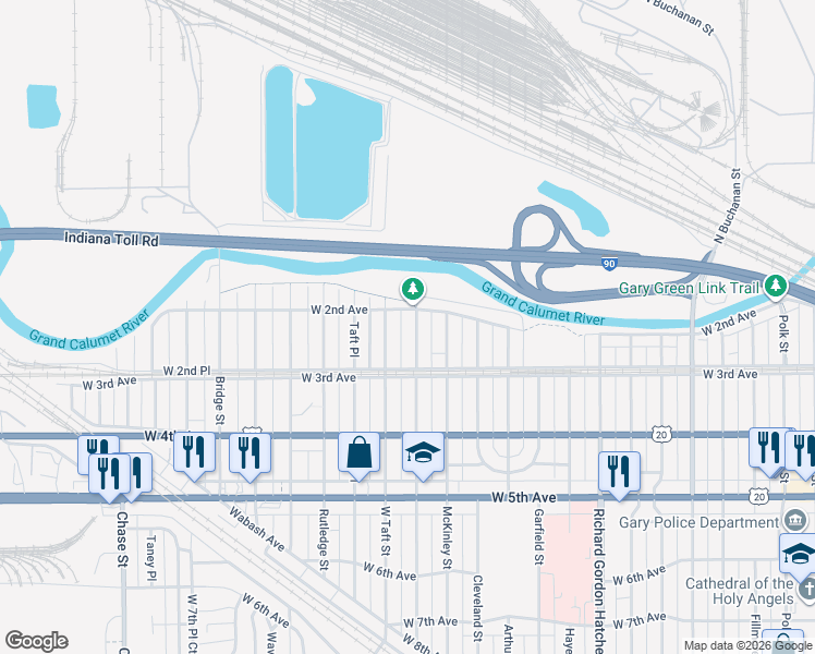 map of restaurants, bars, coffee shops, grocery stores, and more near 220 Roosevelt Street in Gary