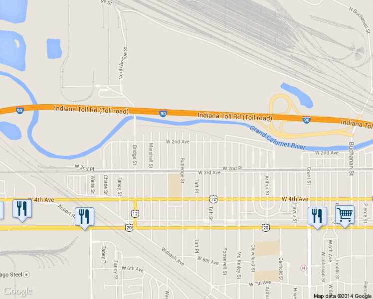 map of restaurants, bars, coffee shops, grocery stores, and more near 219 Rutledge Street in Gary