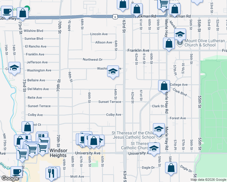 map of restaurants, bars, coffee shops, grocery stores, and more near 6400 Del Matro Avenue in Windsor Heights