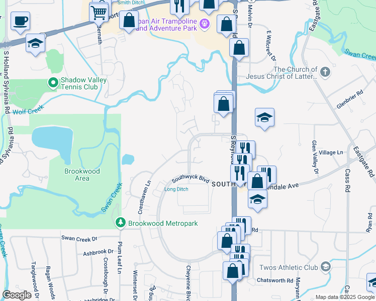 map of restaurants, bars, coffee shops, grocery stores, and more near 1802 Brownstone Boulevard in Toledo
