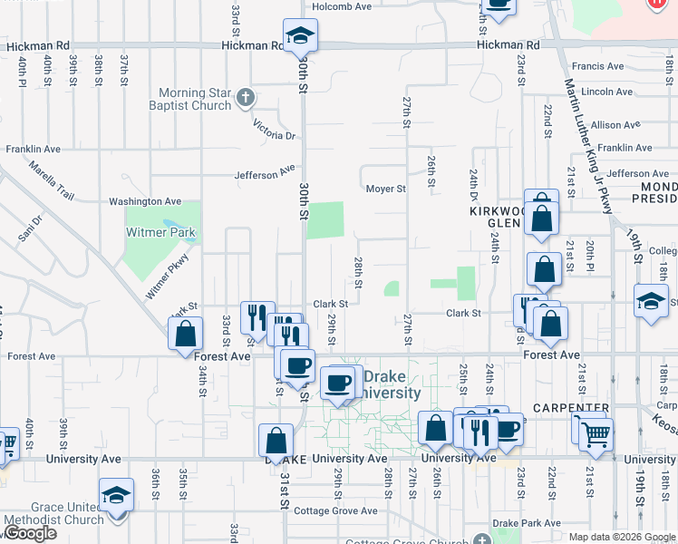 map of restaurants, bars, coffee shops, grocery stores, and more near 1529 29th St in Des Moines