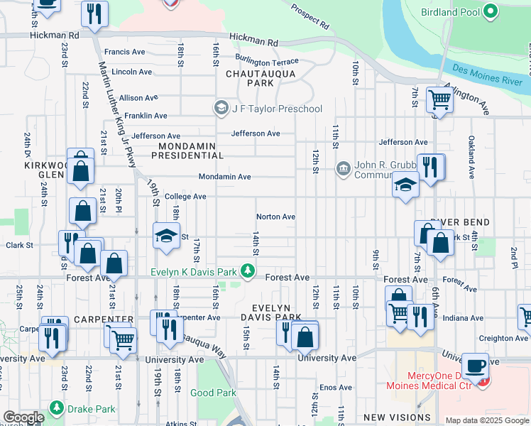 map of restaurants, bars, coffee shops, grocery stores, and more near 1339 Norton Avenue in Des Moines