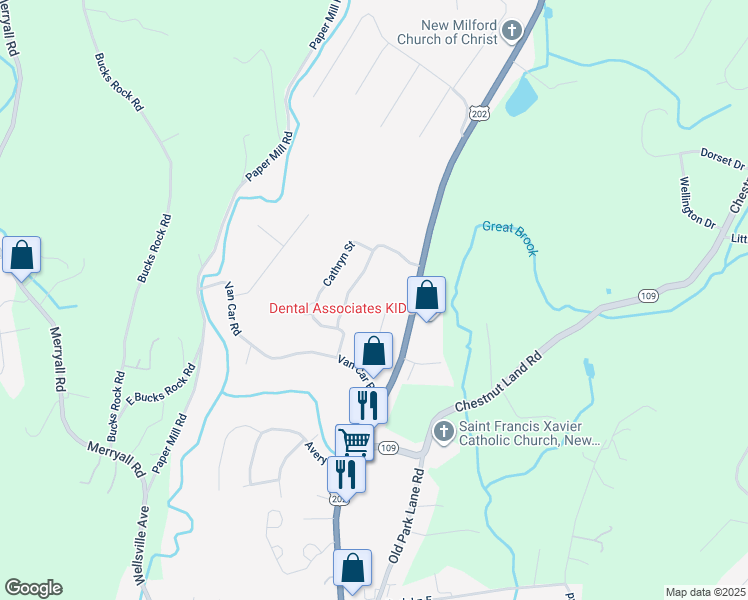 map of restaurants, bars, coffee shops, grocery stores, and more near 105 Belair Drive in New Milford