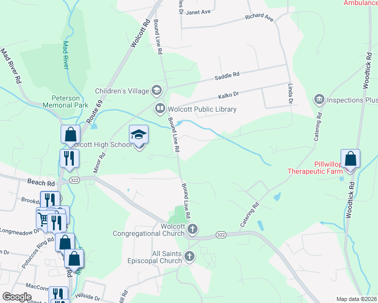 map of restaurants, bars, coffee shops, grocery stores, and more near 18 Simon Drive in Wolcott