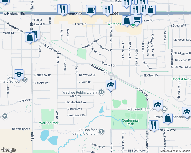 map of restaurants, bars, coffee shops, grocery stores, and more near 90 Northview Drive in Waukee