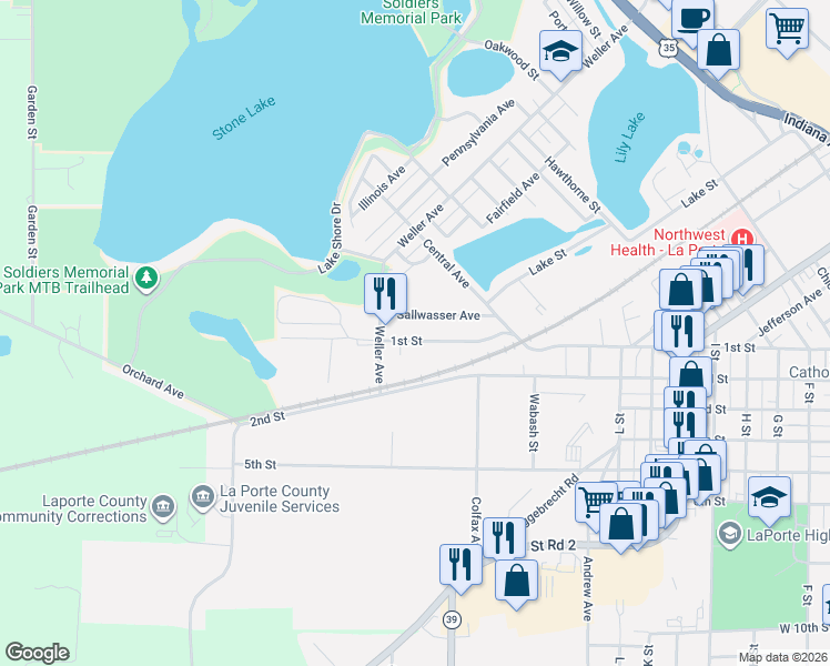 map of restaurants, bars, coffee shops, grocery stores, and more near 1529 1st Street in La Porte