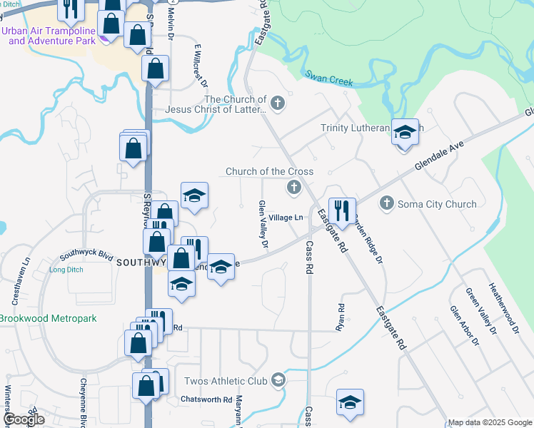 map of restaurants, bars, coffee shops, grocery stores, and more near 4840 Village Lane in Toledo