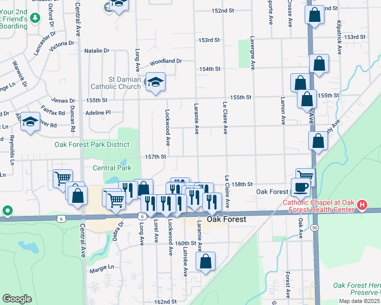 map of restaurants, bars, coffee shops, grocery stores, and more near 5224 157th Street in Oak Forest