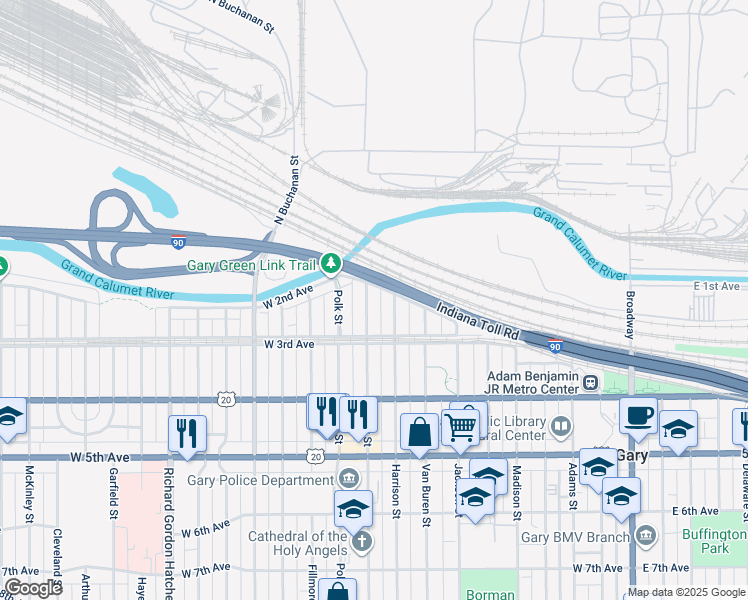 map of restaurants, bars, coffee shops, grocery stores, and more near 241 Tyler St in Gary