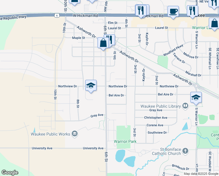 map of restaurants, bars, coffee shops, grocery stores, and more near 500 Northview Drive in Waukee