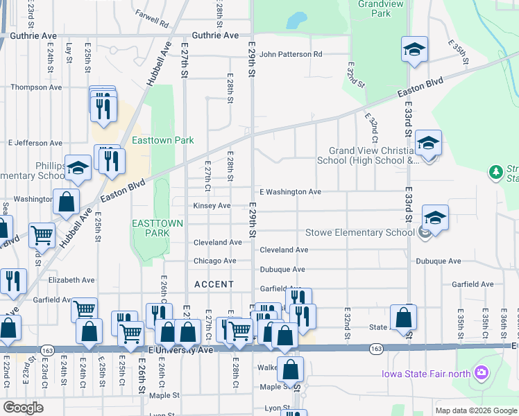 map of restaurants, bars, coffee shops, grocery stores, and more near 1525 East 29th Street in Des Moines
