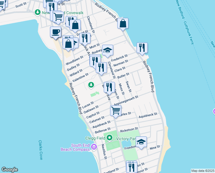 map of restaurants, bars, coffee shops, grocery stores, and more near 520 Brock Avenue in New Bedford