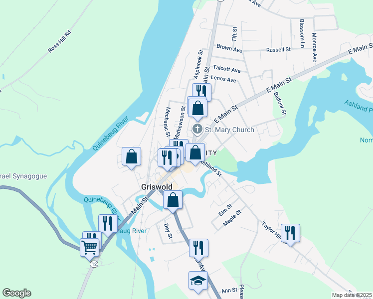map of restaurants, bars, coffee shops, grocery stores, and more near 18 Tracy Avenue in Griswold