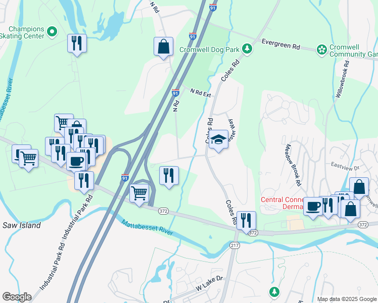 map of restaurants, bars, coffee shops, grocery stores, and more near 2 North Road in Cromwell