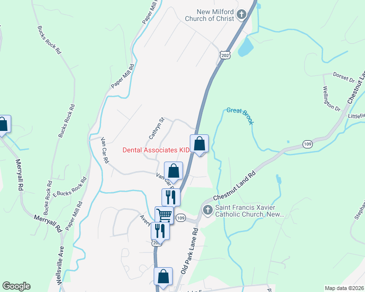map of restaurants, bars, coffee shops, grocery stores, and more near 80 Belair Drive in New Milford