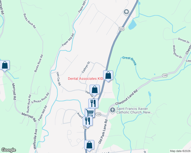 map of restaurants, bars, coffee shops, grocery stores, and more near 105 Belair Drive in New Milford