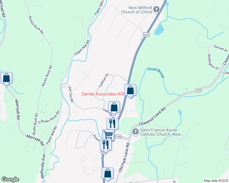 map of restaurants, bars, coffee shops, grocery stores, and more near 105 Belair Drive in New Milford